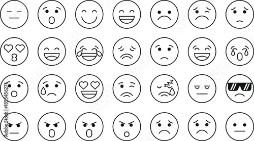 Outline emoji and facial expression icon set with happy, sad, angry, surprised, love, crying, and neutral emotions for user interfaces