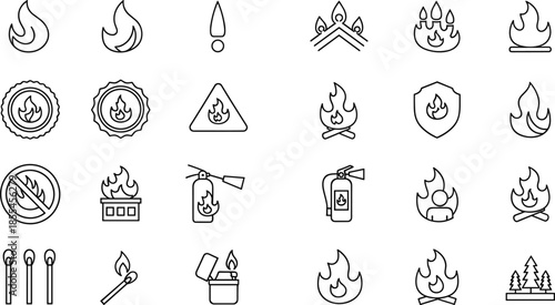 Outline fire safety and flame icon set with warning signs, campfire, extinguisher, matches, and heat symbols for design use