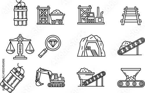 Outline mining and industrial processing icon set with excavation equipment, conveyors, tunnels, explosives, weighing, and mineral extraction symbols
