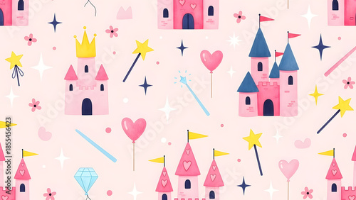 A delightful pattern of castles hearts stars and royal elements in pink