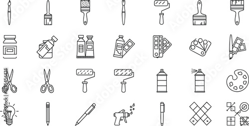 Outline painting and art tools icon set featuring brushes, rollers, paints, palette, scissors, spray, and creative supplies symbols