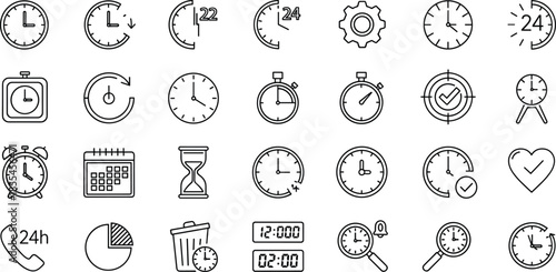 Outline time and clock icon set featuring timers, schedules, alarms, calendars, productivity, deadlines, and time management symbols interfaces