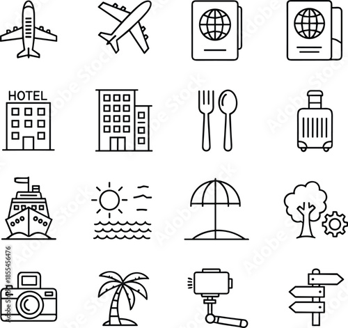 Outline travel and tourism icon set with airplane, hotel, passport, transport, vacation, beach, and destination symbols for design use