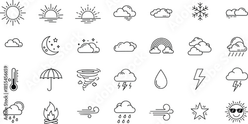 Weather and climate line icons set featuring sun, clouds, rain, storm, wind, temperature, forecast, and seasonal meteorology symbols