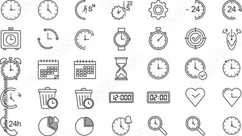 Time management and productivity line icons set featuring clocks, timers, alarms, schedules, deadlines, reminders, tracking, and 24 hour symbols