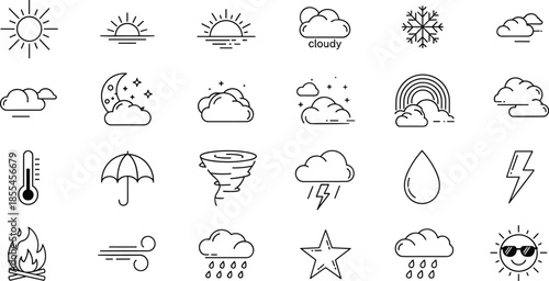 Weather forecast and climate line icons set featuring sun, clouds, rain, storm, wind, temperature, and seasonal meteorology symbols