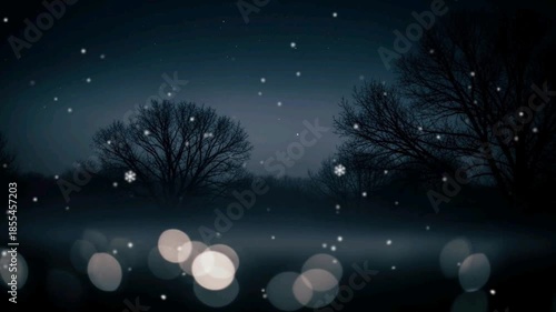 Nighttime Serenity Snowfall and Bokeh Lights in a Winter Landscape.
