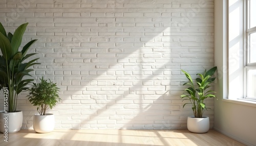Sunlit room with white brick wall and potted plants. Wooden floor casts shadow patterns from window. Clean, modern, neutral space for virtual meetings or presentations.