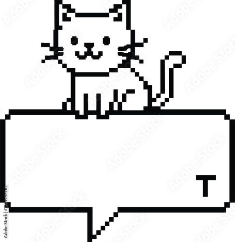 Monochrome 8-Bit Speech Box Icon and Adorable Feline Mascot for Retro Gaming UI.