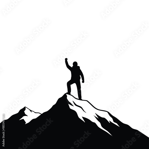 A cartoon silhouette of a triumphant man standing on a mountain peak with one arm raised in victory against a clean white background.