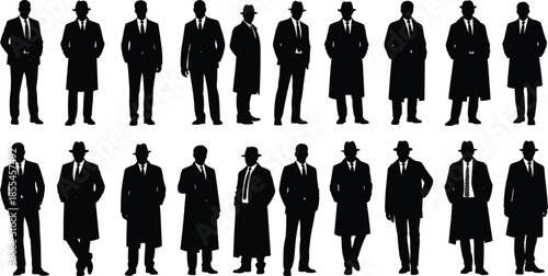 Monochrome Icons of 1930s-1940s Businessmen, Detectives, and Gangsters in Trench Coats.