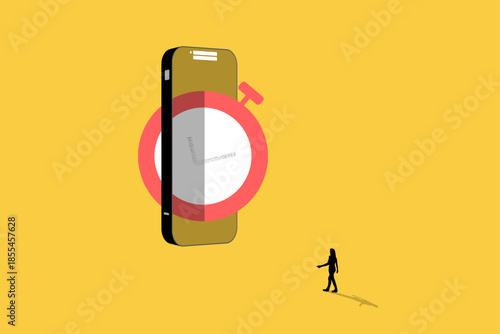 Business woman walking to big smartphone with stopwatch. concept of like managing time, work-life balance, productivity apps, or business deadlines