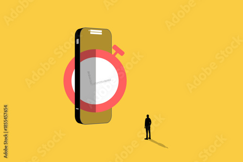 Businessman walking to big smartphone with stopwatch. concept of like managing time, work-life balance, productivity apps, or business deadlines