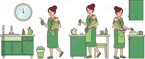 Mother multitasking in kitchen with baby in sling performing household chores like cooking, cleaning, and food preparation vector illustration