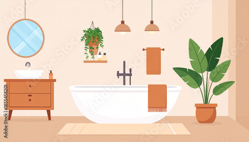 A modern minimalist bathroom interior with a bathtub, vanity, mirror, and plants, featuring warm earthy tones.
