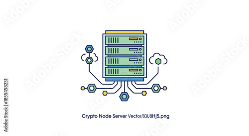 Flat vector crypto network nodes and connecting lines on white background, digital technology and data transfer concept