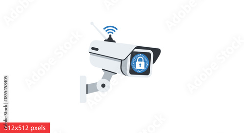 White security camera with a lock icon on the screen, symbolising protection and surveillance on a plain background