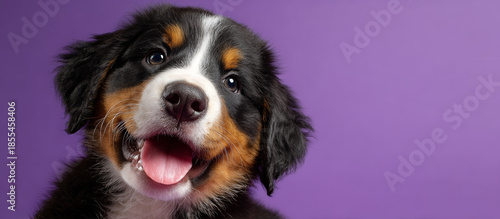Adorable australian shepherd puppy with fluffy black, white, and tan fur, joyful expression, tongue out, against a vibrant purple background