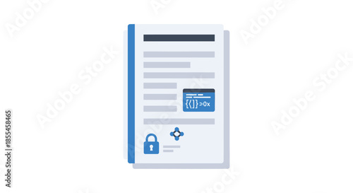 Secure digital document vector icon representing data protection, confidential information, and file privacy with a lock symbol and code snippet