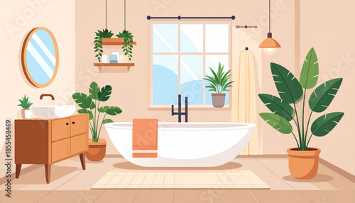 Modern bathroom interior with bathtub, vanity, mirror, and lush green plants.