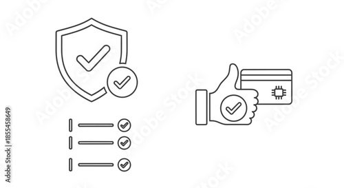 Collection of flat vector line icons symbolizing robust security, verified completion, and approved financial transactions for modern business operations and digital asset management