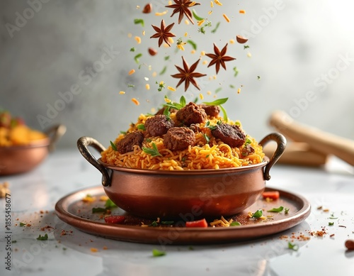 Rich mutton biryani served in copper pot. Aromatic rice with tender meat pieces and fresh herbs. Star anise and spices fall onto dish. Delicious Indian cuisine. © Maryna