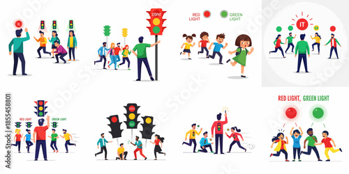 Collection of illustrations showing people playing the "Red Light, Green Light" game, following commands or traffic signals for stopping and going.