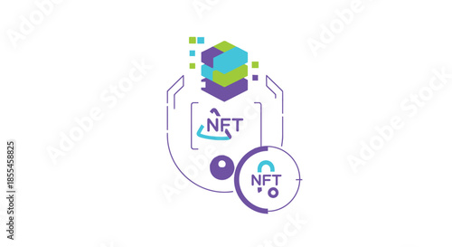 Secure NFT Digital Asset and Blockchain Technology Concept Illustration with Stacked Blocks and Lock Icon