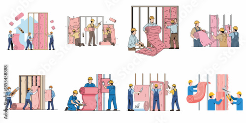Set of vector illustrations depicting professional construction workers installing thermal insulation materials into interior wall frames for energy efficiency and soundproofing.