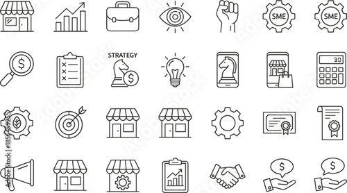 Outline Vector Icon Set Representing Small Business Strategy Entrepreneurship Professional Certification Retail Management and Growth Marketing Success Concepts