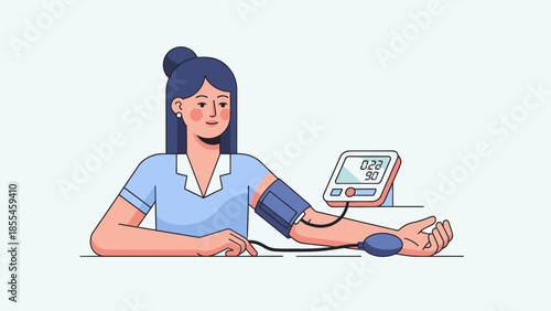 Illustration of a woman measuring blood pressure with medical device for