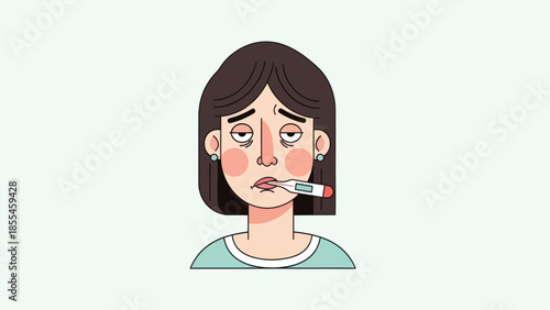 Sad woman with a thermometer in her mouth indicating illness fatigue and