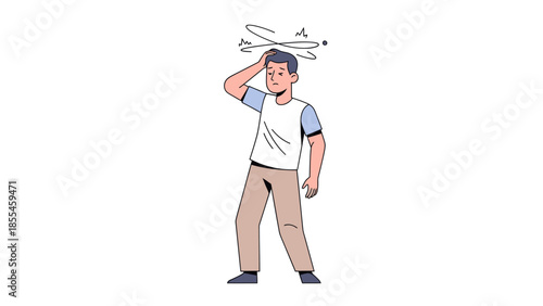 Casual young man shielding himself with a hat during windy day illustration