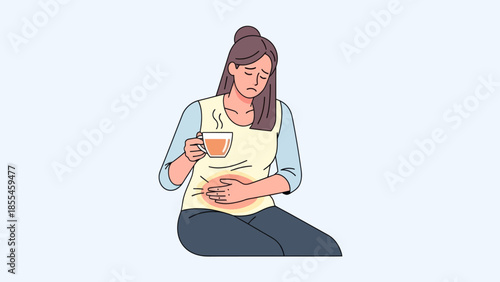 Illustration of a woman experiencing stomach discomfort while holding a hot