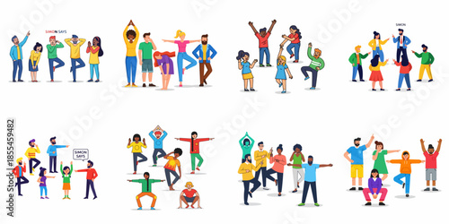 Simon Says game illustrations collection featuring diverse groups of people following instructions, exercising, pointing, and dancing together.