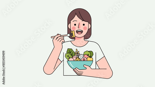 Illustration of a young woman enjoying a healthy vegetable salad with chopsticks