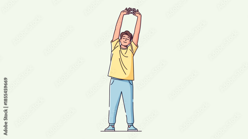 Fototapeta premium Young woman stretching with arms raised in a minimalistic digital illustration