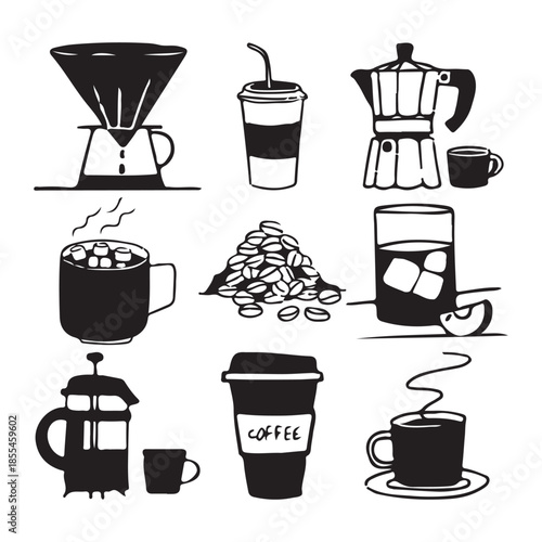 Coffee Brewing Methods Line Art Icon Set in Black and White Grid Illustration
