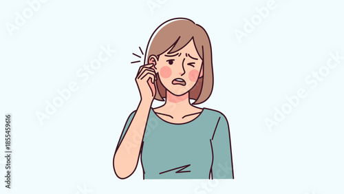 Anxious woman experiencing ear discomfort or sudden ear pain feeling worried