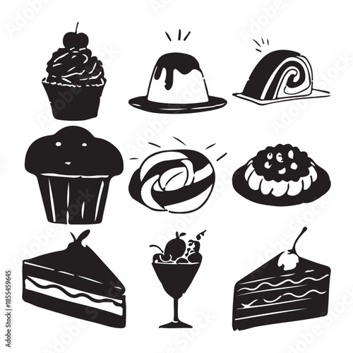 Dessert Silhouette Icon Set with Cupcake, Cake, Donut, Pudding, and Parfait