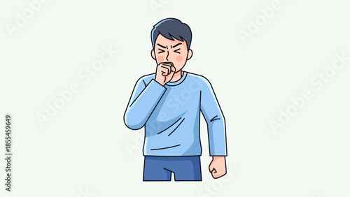 illustration of a young man coughing with tired expression in casual clothes