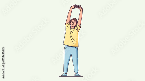 Young woman stretching with arms raised in a minimalistic digital illustration