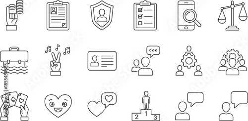 Outline Vector Icon Set Representing Legal Justice Financial Management Professional Recruitment Human Resources Social Media and Personal Success