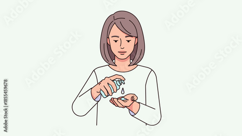 Illustration of a woman dispensing hand sanitizer for hygiene and health