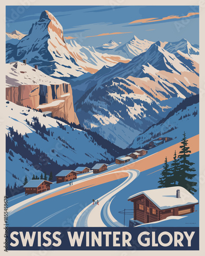 Retro travel poster illustration of iconic Matterhorn peak over snowy Swiss alpine village road in winter glory