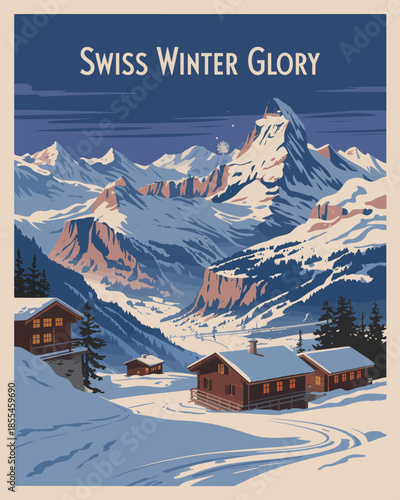 "Retro travel poster illustration of iconic Matterhorn peak over cozy snow-covered Swiss alpine chalets in winter glory."