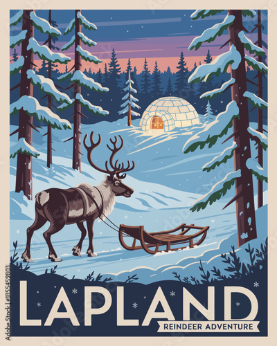 "Retro travel poster illustration of majestic reindeer pulling sled under northern lights with traditional igloo in snowy Lapland wilderness.