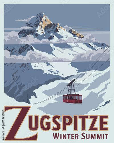 "Retro travel poster of Zugspitze Germany’s highest peak with cable car ascending snowy alpine slopes misty clouds winter summit adventure."