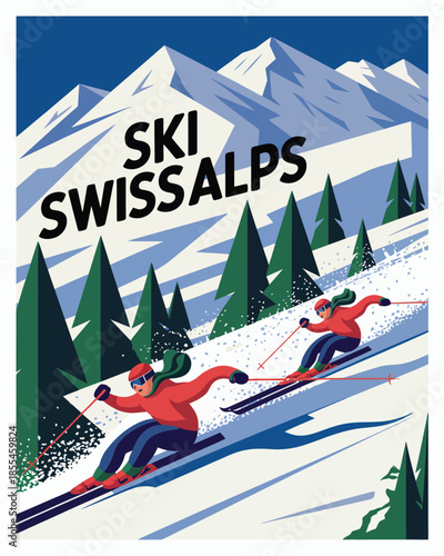 Vintage travel poster of Swiss Winter Alps featuring skiers descending snowy slopes near cozy mountain chalets with the majestic Matterhorn peak in the background.