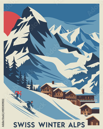 Vintage travel poster of Swiss Winter Alps featuring skiers descending snowy slopes near cozy mountain chalets with the majestic Matterhorn peak in the background.